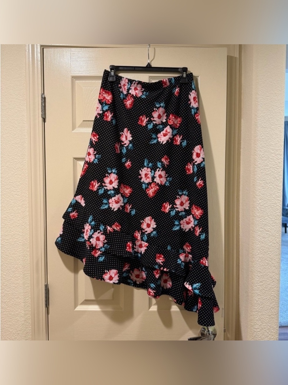 NWT Bobeau Black Floral Polka Dot Asymmetrical Midi Skirt Size L